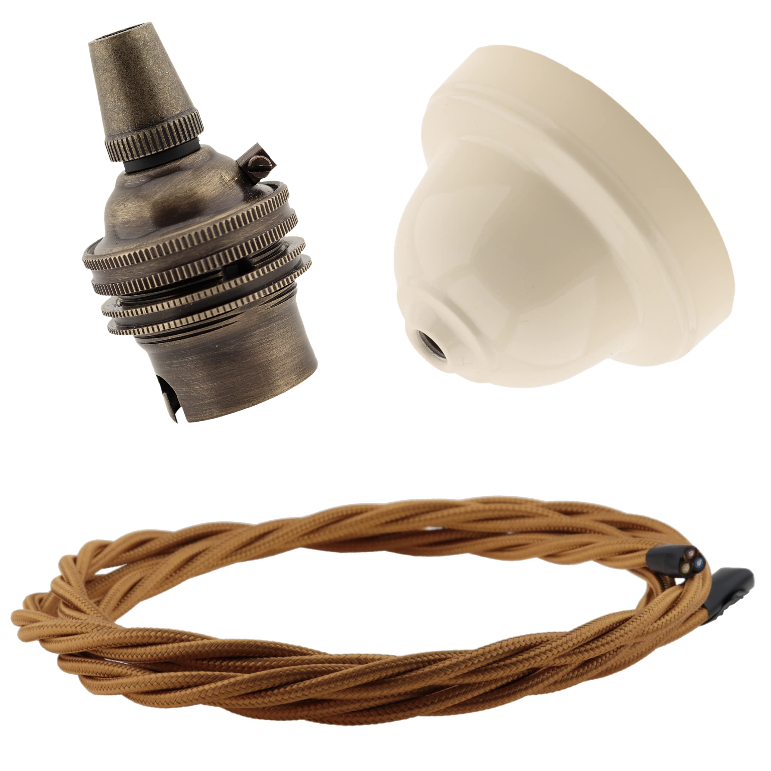 Repaireum Ltd. Vintage Reproduction of Ivory Bakelite Ceiling Pendant Kit using B22 Antique Brass Lampholder and Antique Gold Flex