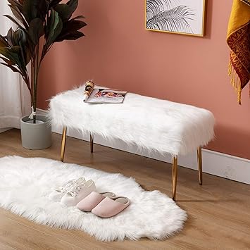 Amazon Com Faux Fur Vanity Bench Entryway Bench Furry Long Hair White Ottoman Dm Furniture Fuzzy Bench With Metal Legs For Living Room Bedroom Dining Room Home Decorative White Kitchen Dining