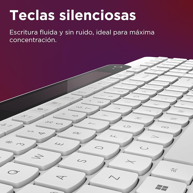 Teclado Bluetooth 800 com carregamento automático, recarga com luz ambiente, ligação para até 3 dispositivos, teclas silenciosas e plástico reciclado – branco