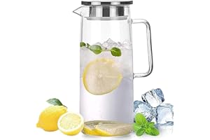 Sharemee - Glass Water Pitcher with Stainless Steel Lid, Wide Mouth with Handle, Easy Pour Spout Water Jug Carafe Flask Juice
