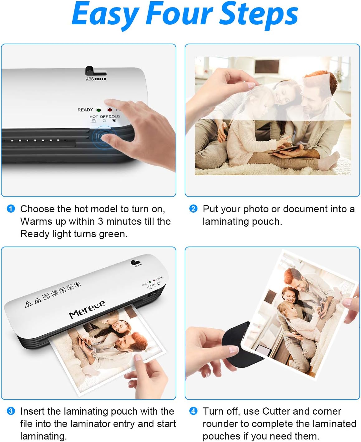 Merece Laminator - 4 in 1 A4 Thermal Laminator Machine, Personal Laminator for Home Use School Teachers Office Card Classroom, 9 Inches Small Hot Cold Lamination Machine with 30 Laminating Pouches : Office Products