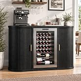 Coffee Bar Cabinet with Mini Fridge Space, 53" Fluted Bar Cabinet with Sliding Doors, Wine Cabinet with Glass Holder &amp; Charging Station, Bar Cabinet for Kitchen, Dining Room &amp; Living Room, Black