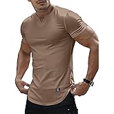 PLEPAN Mens Muscle T Shirts V Neck Short Sleeve Henley Shirt Hipster Longline Gym Workout Athletic Tee Shirts