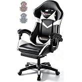 Small Gaming Chair, Home Office Desk Seat with Lumbar Support &amp; Footrest | Ergonomic &middot; 3D side wings &middot; 90&deg;-135&deg; Recline &middot; 8in adjustable height &middot; Linkage armrests &middot; Memory foam &middot; White/Black leather