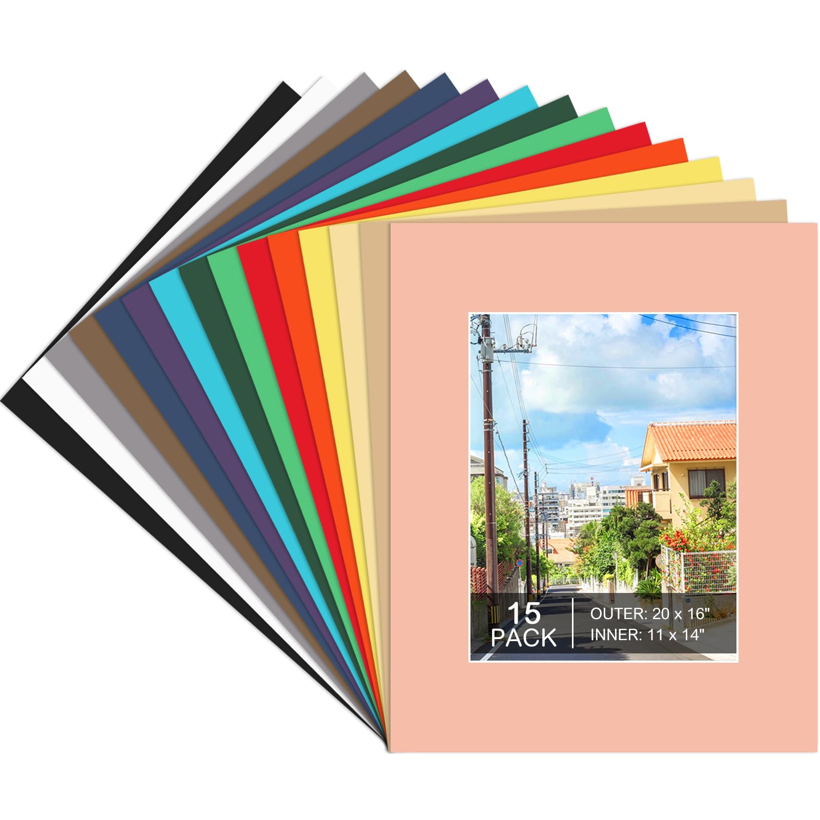 Photo 1 of 15 Pack 20x16 Picture Mats, Mixed Colors Frame Mattes for 11x14 Pictures Photo Frame Mat Core Bevel Cut Mat Board Show Kit for Photos, Prints, Artworks