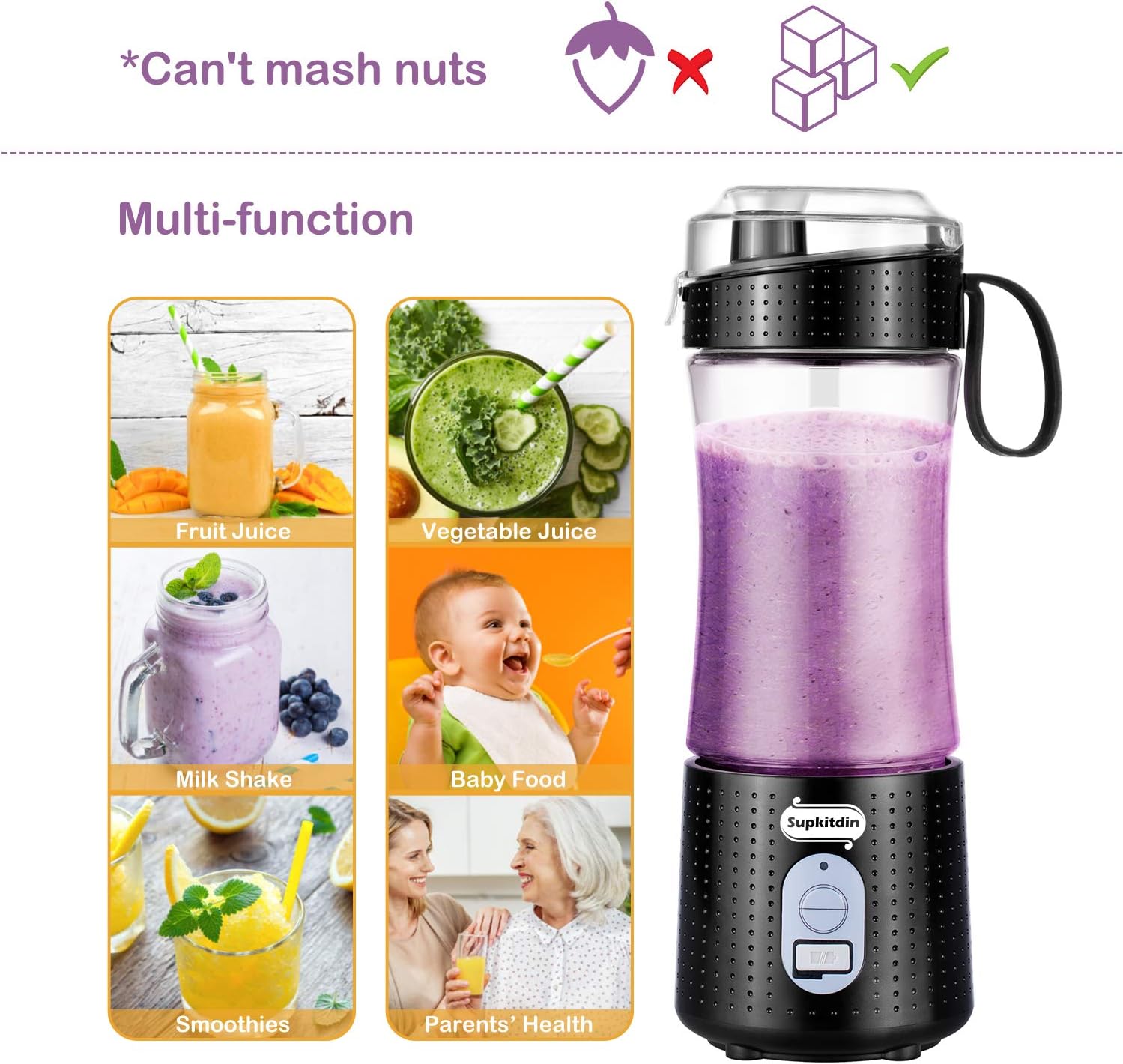 Supkitdin Portable Blender, Personal Mixer Fruit Rechargeable with USB, Mini Blender for Smoothie, Fruit Juice, Milk Shakes, 380ml, Six 3D Blades for Great Mixing (Black): Kitchen & Dining