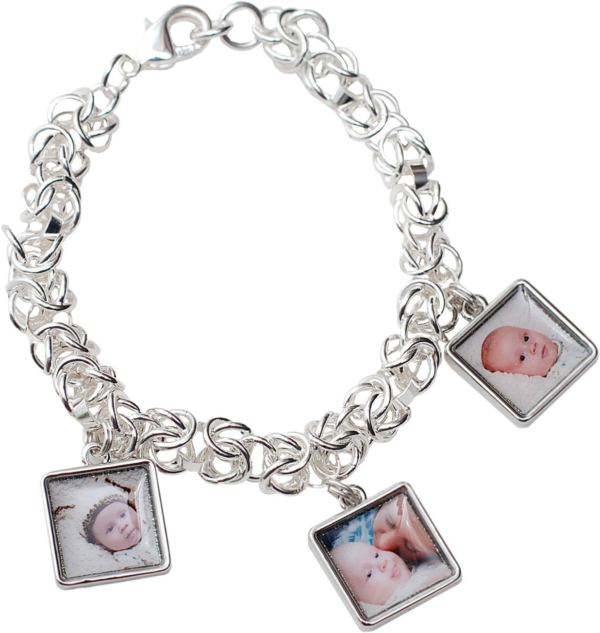 16mm Chainmail Charm Bracelet Photo Bracelet / Sterling Silver 3 Round/Square Photo Charms