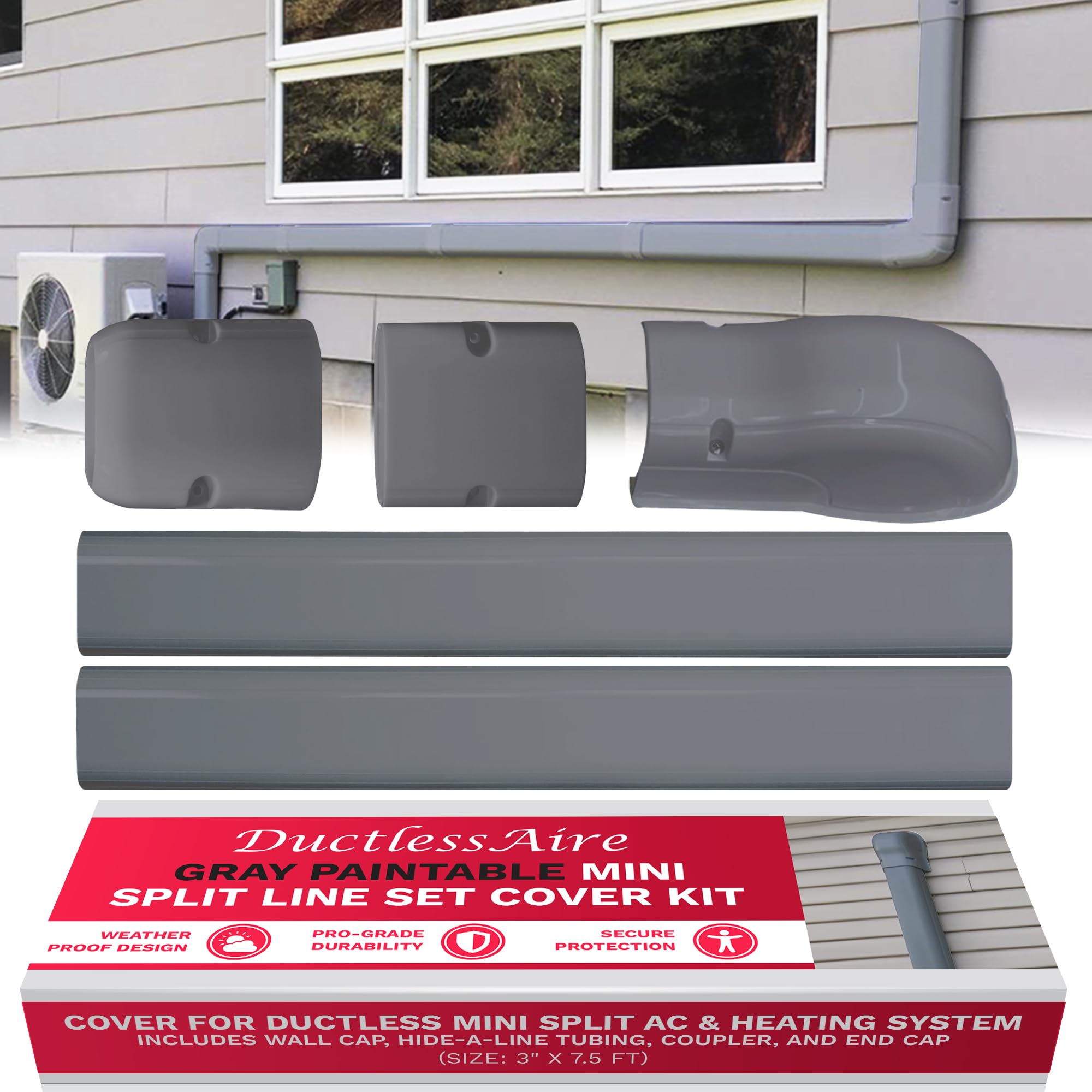 Photo 1 of DuctlessAire Mini Split Line Set Cover Kit - Paintable Lineset Cover - Line Set Covers for Ductless Air Conditioner, Mini Split AC/Heating System, HVAC, Central AC Unit, Heat Pump (Gray, 3" x 7.5 ft)