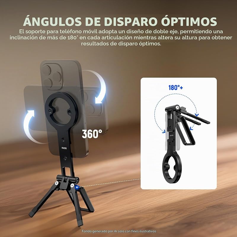 Trípode Magnético Doble para Teléfono, Agarre Metálico con Rosca de 1/4", Zapata Fría y Tipo Arca, Compatible con MagSafe iPhone Samsung Huawei Android para Grabación de Video, PA098