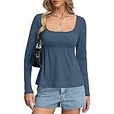 EasyGala Womens Babydoll Long Sleeve Peplum Tops Sexy Y2k Square Neck Henley Shirts Cute Going Out Top Winter 2026