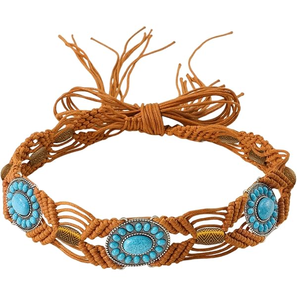 Amazon.com: 2 Pcs Turquoise Braid Waist Belt Set with Beaded  display picture 3