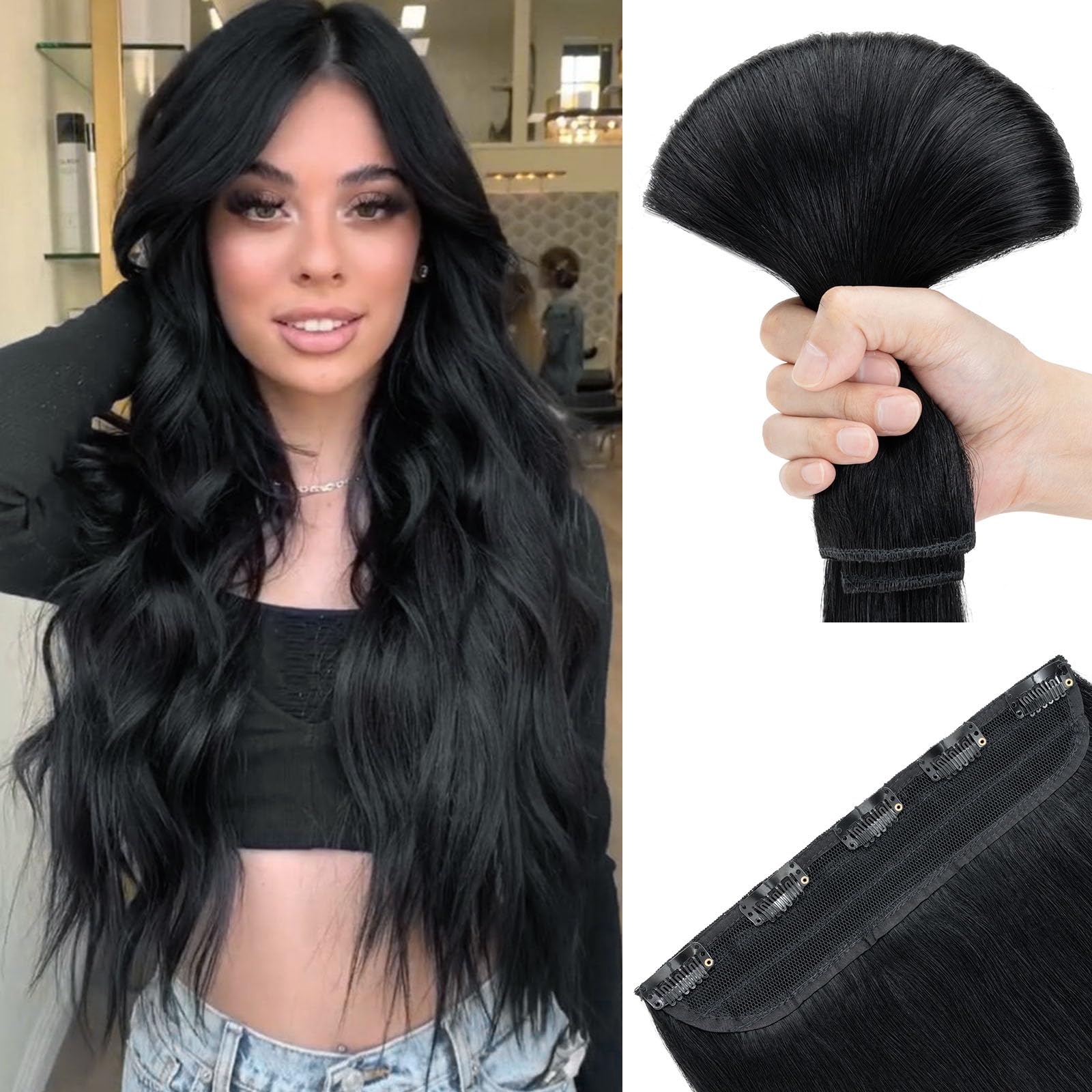 SEGOHAIR Clip in Human Hair Extensions, 20" One Piece 5 Clips Thick Clip in Hair Extension - 3/4 Full Head - Jet Black — image 1