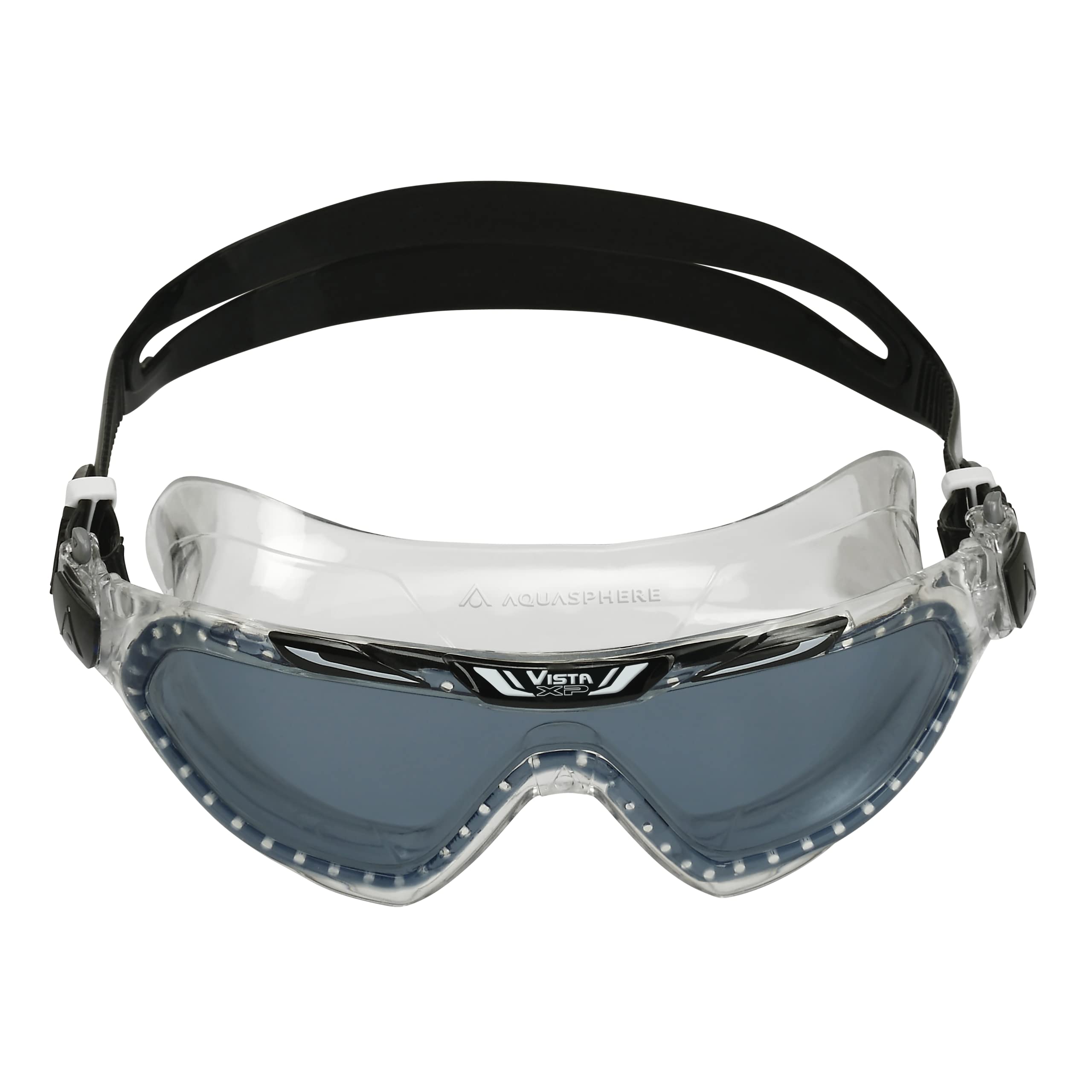 Photo 1 of ***(HEAVILY USED/ MINOR DAMAGE)***Aquasphere Vista XP Unisex Adult Swim Mask - Distortion Free Vision - Perfect for The Open Water Swimmer and Triathlon Training | Smoke Lens, Transparent/Black Frame