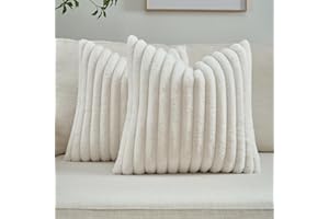 FUTEI Cream White Striped Decorative Throw Pillow Covers 18x18 Inch Set of 2,Square Spring Decorations Couch Pillow Case,Soft Cozy Faux Rabbit Fur & Velvet Back,Modern Home Decor for Bed