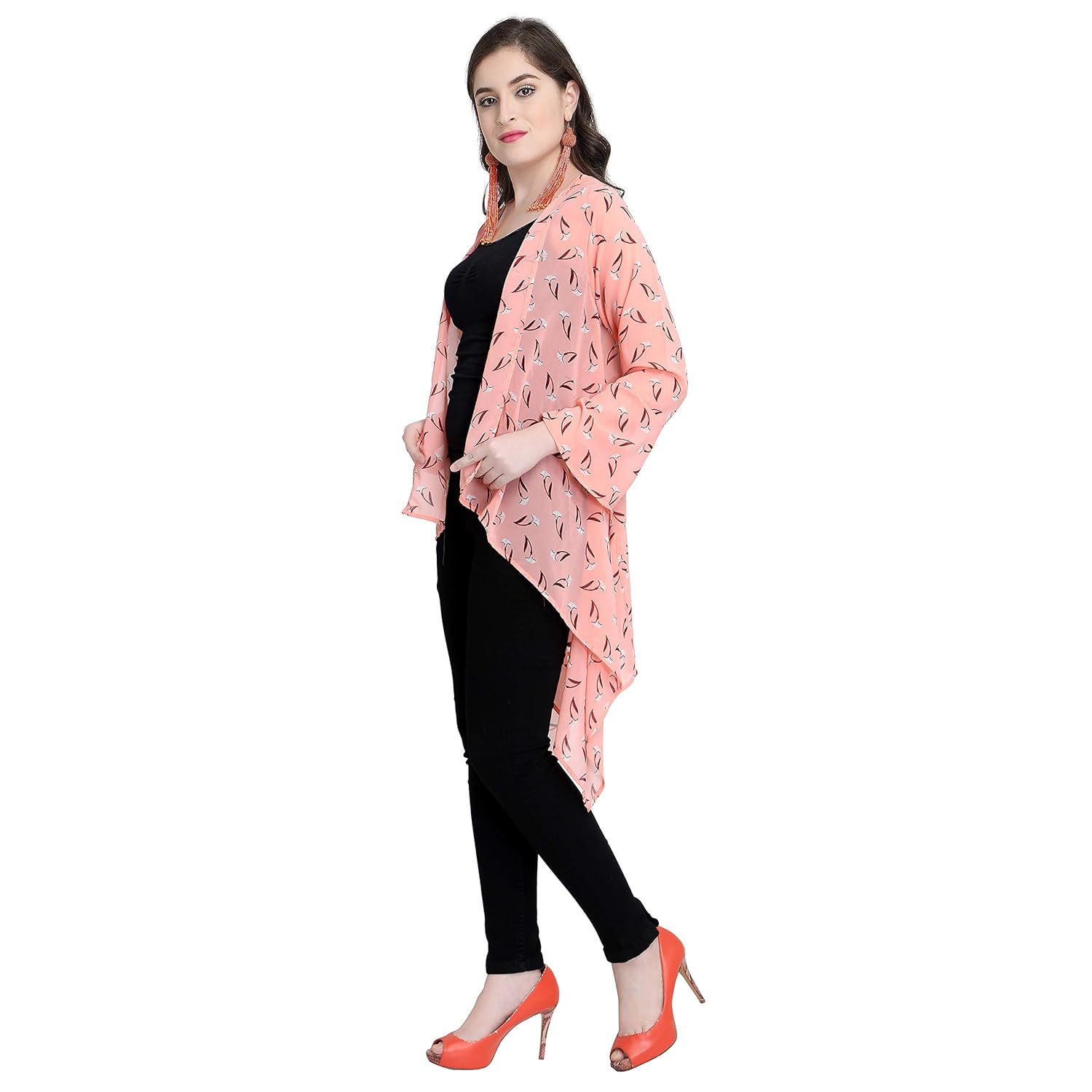 serein women's pink floral print georgette long sleeve long shrug jacket