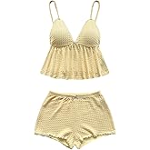 SHENHE Women's Y2k Pajamas 2 Piece Outfits V Neck Ruffle Babydoll Tank Cami and Shorts Pj Set