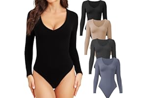 CE' CERDR 4/5 Pack Long Sleeve Bodysuits for Women Deep V Neck Stretchy Basic Body Suit Tops