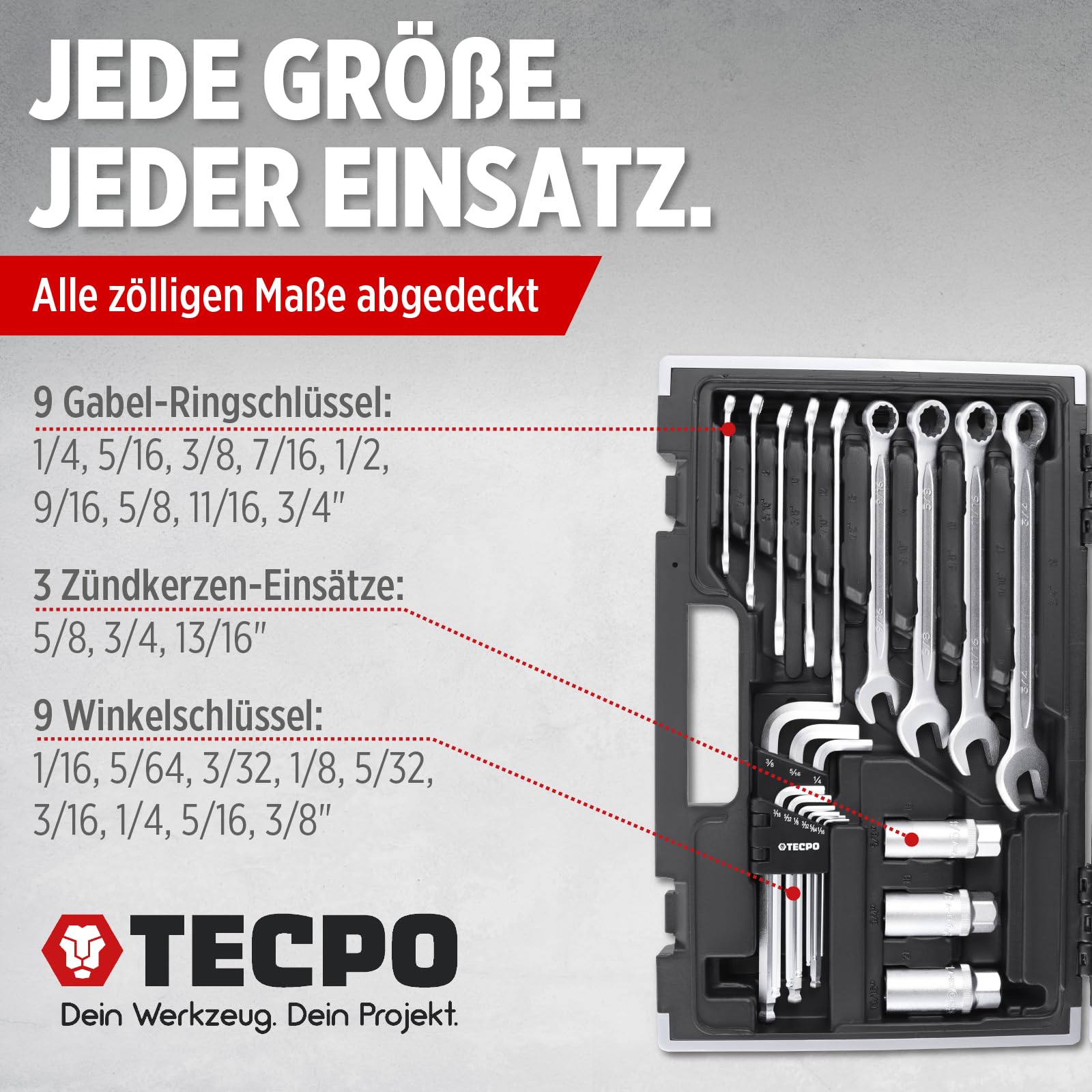 TECPO Zoll Steckschlüssel Satz 92-teilig Werkzeugkoffer mit Ringschlüssel und Maulschlüssel, Ratsche mit Nuss-Set Verlängerung Adapter, Innensechskant-Schlüssel, Ratschenkasten, Zöllig, Knarrenkasten 6