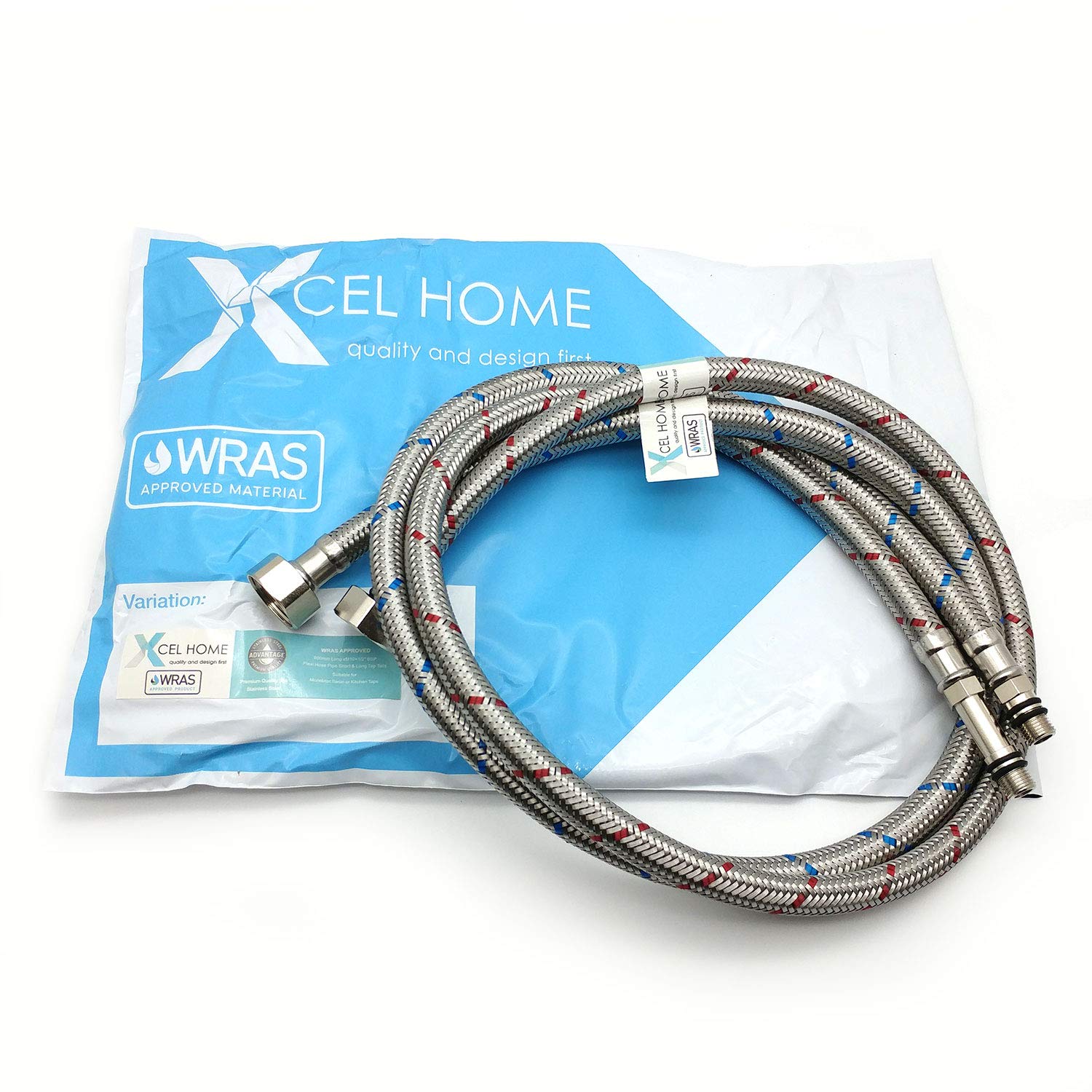 Xcel Home™ 2X WRAS Approved M10 (10mm) x 1/2" BSP x 900mm Long Flexible Tap Connector Pipes (9mm Inner Bore) | Monobloc Mixer Kitchen Sink/Bathroom Basin Stainless Steel Braided Flexi Pipe Tails