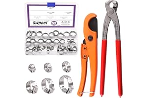 Swpeet 52Pcs 6 Sizes Single Ear Hose Clamps Assorment Kit, with 1Pcs Ear Clamp Pliers and 1Pcs PEX Pipe Cutter for Securing P