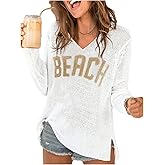 RoseSeek Women's Letter V Neck Beach Sweaters Long Sleeve Split Crochet Tops Knit Pullovers Cover Up