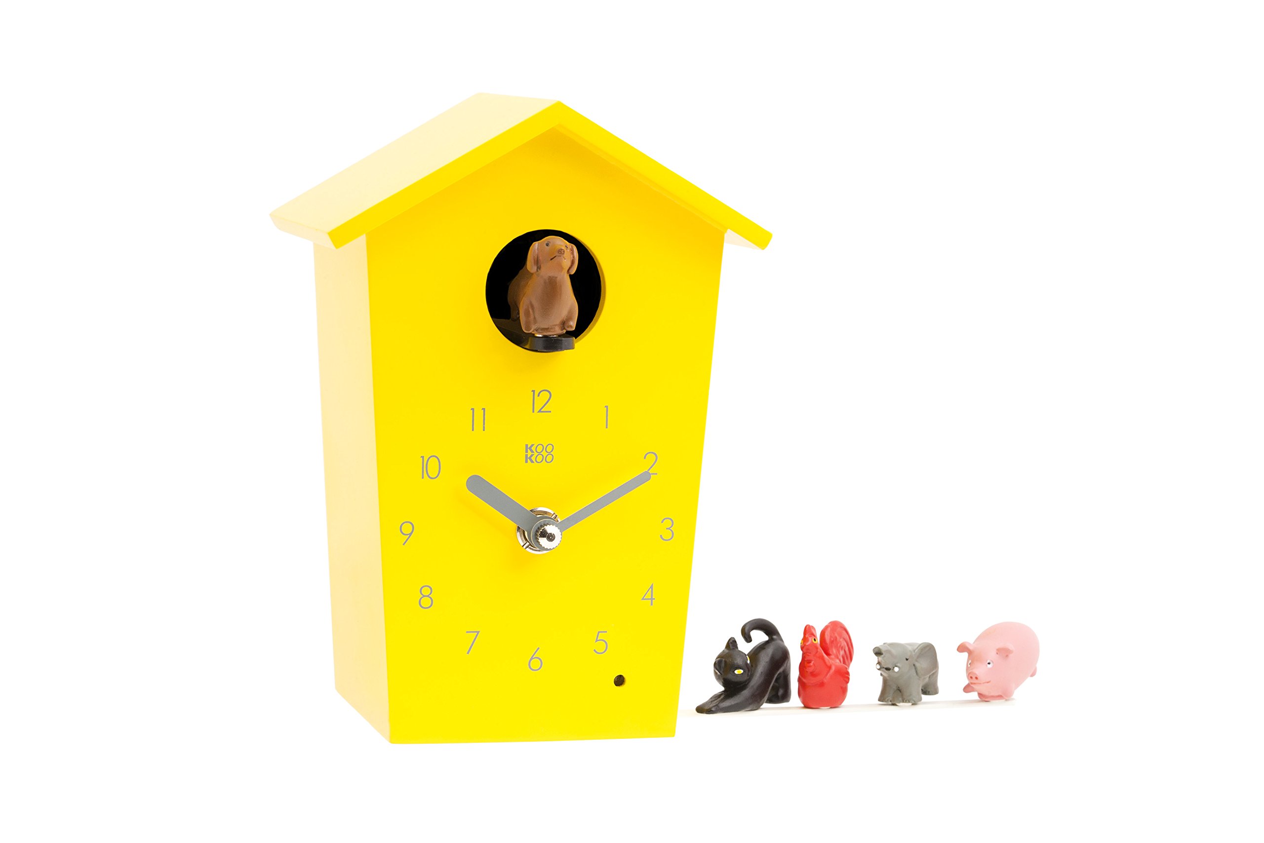 KOOKOO AnimalHouse yellow, striking small cuckoo clock with 5 farm animals sounds, natural field recordings, modern sleek designed clock