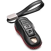 Vitodeco Genuine Leather Smart Key Fob Case with Leather Key Strap Compatible for Porsche 911, Cayenne, Macan, Panamera, Cayman, Boxster (2010 - 2022 Models) - 3 Buttons, Black/Red