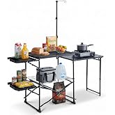 DMH OUTDOORS Folding Camping Kitchen Station Portable Outdoor Grill Table | Camp Cook Table with Heat Resistant Tabletop, 3 Side Tables, Storage Rack, Telescopic Lamp Pole for BBQ, Picnic, Tailgating