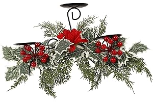 DECHOUS Christmas Tabletop Decorations Christmas Centerpiece for Tables, with 3 Candleholders, Red Berries and Pine Needles C