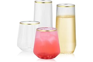 BELLAFORTE 48 Pack Ribbed Plastic Wine Glasses – 24 x 9oz Stemless Champagne Flutes & 24 x 12oz Disposable Wine Glasses – Elegant Disposable Plastic Cups with Gold Rim – BPA-Free Drinkware for Weddings, Parties