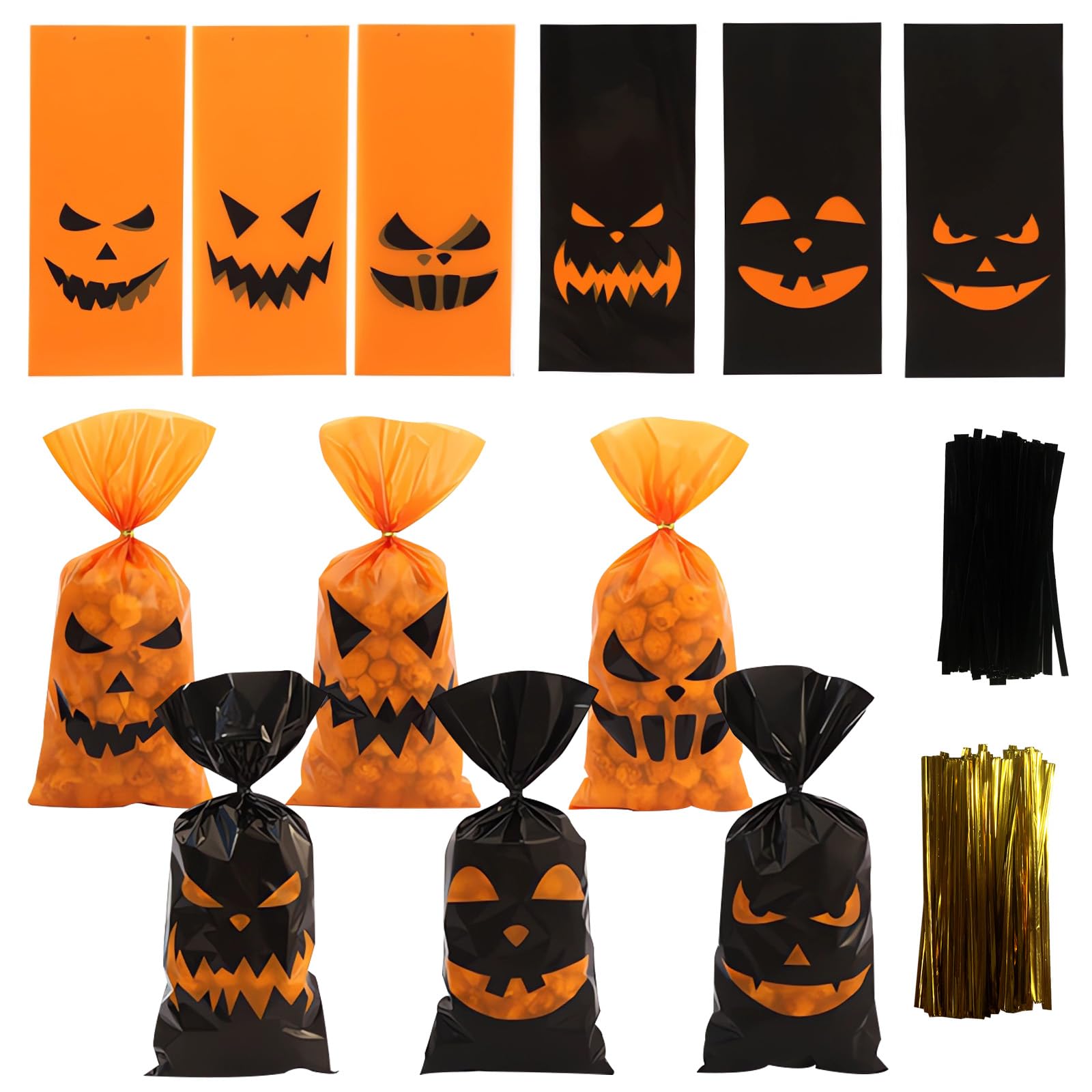 144PCS Halloween Candy Treat Bags, Clear Cellophane Goodies Bags With 144PCS Twist Ties, Party Gift Supplies Bags for Kids Snacks Cookies Popcorn
