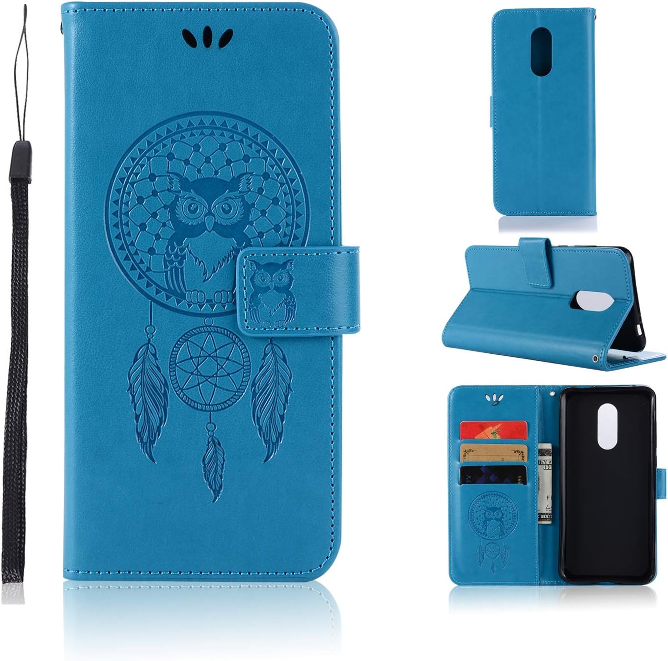 Quanqiugou Cell Phone Basic Cases Owl Embossed Pattern Cover Case PU Leather Wallet Case for Xiaomi Redmi 5 Plus (Color : Blue)
