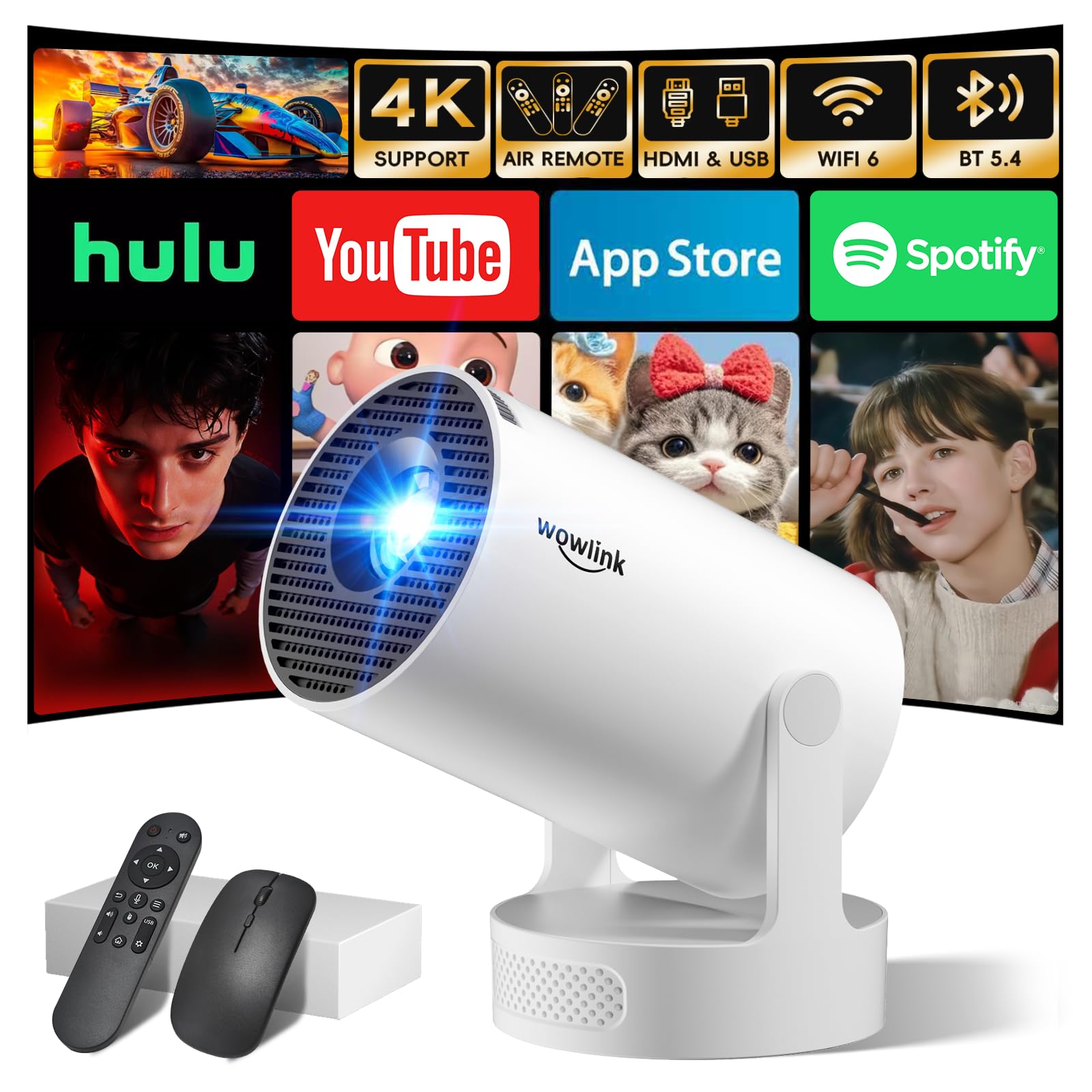 Photo 1 of [Built-in Apps & 2026 Upgraded] Mini Projector with WiFi 6 and Bluetooth 5.4 Support 4K 1080P Auto Keystone 180° Rotatable Projector Portable Compatibile with HDMI/TV Stick/Memory Stick/Laptop, White