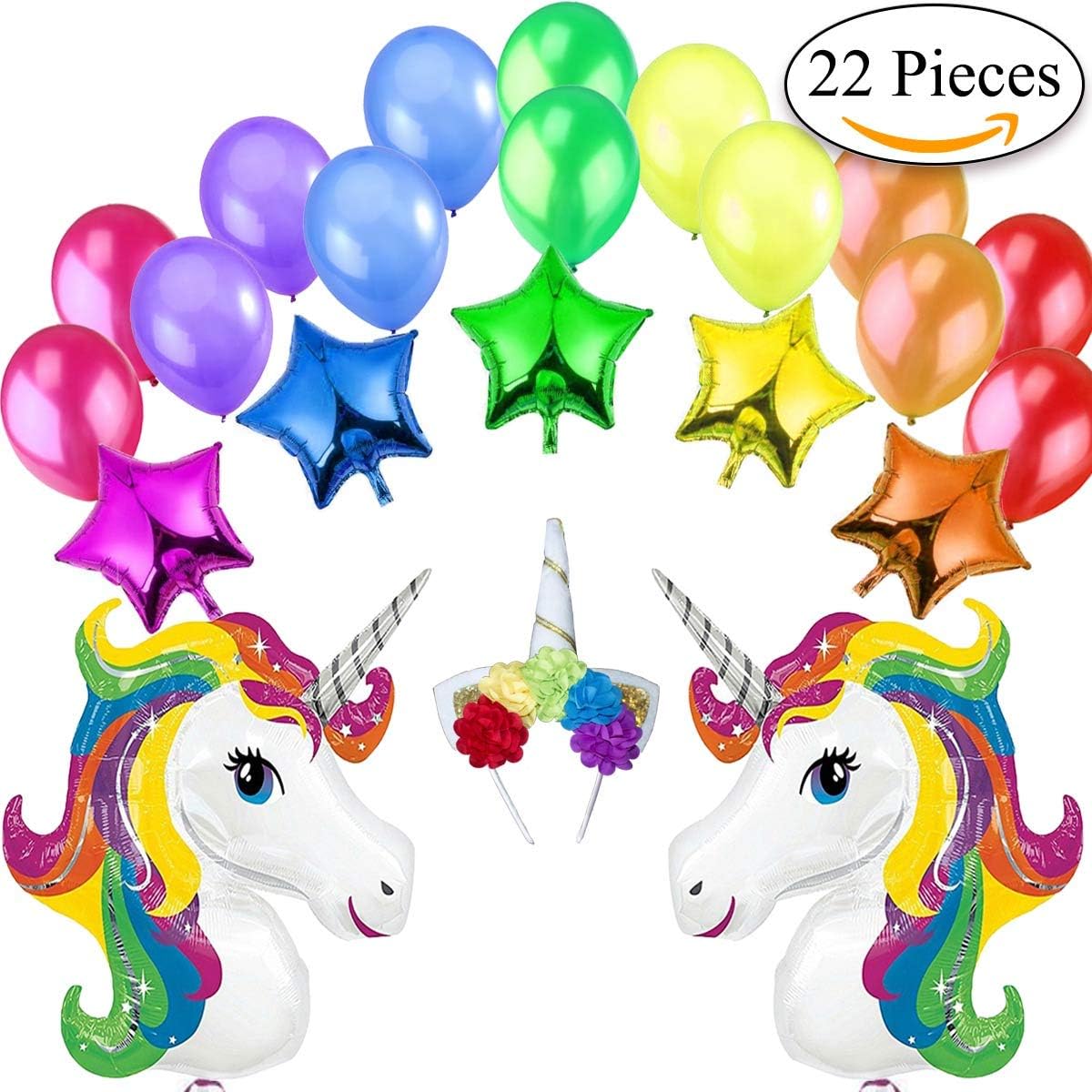 Jonami Unicorn Birthday Decoration Multicolour Party Kit 2 Giant Mylar Unicorns, 5 Star Foil Balloons, 1 Headband with Flowers, 14 Rainbow Latex Balloons. Deco Ideas for Girls