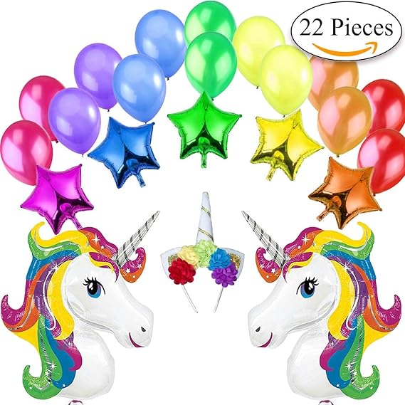 Jonami Einhorn Luftballons Geburtstag Deko Party Dekoration Kit 2 XXL Regenbogen Einhörner Luftballons, 5 Sterne Folienballon