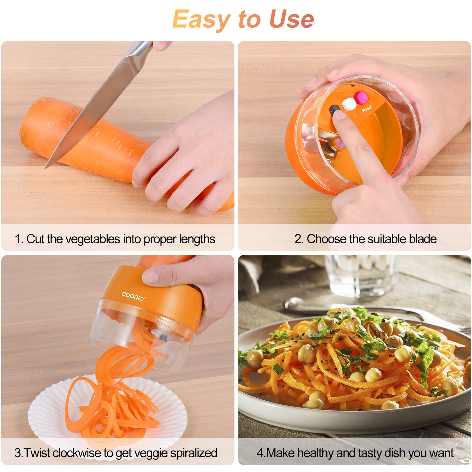 Handheld Spiralizer Vegetable Slicer Adoric 3 In 1 Heavy Duty Veggie Spiral Cutter Zoodle Pasta Spaghetti Maker For Low Carbpaleogluten Free