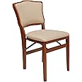 MECO Stakmore French Premium Solid Wood Dining Table Folding Chair Set with Fabric Padded Upholstered Seat, Cherry Frame and Blush Fabric (2 Pack)