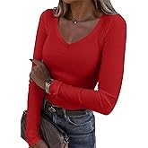 Roselux Womens Long Sleeve V Neck Ribbed Knit Fitted Casual Tops Tee Slim Basic Shirt