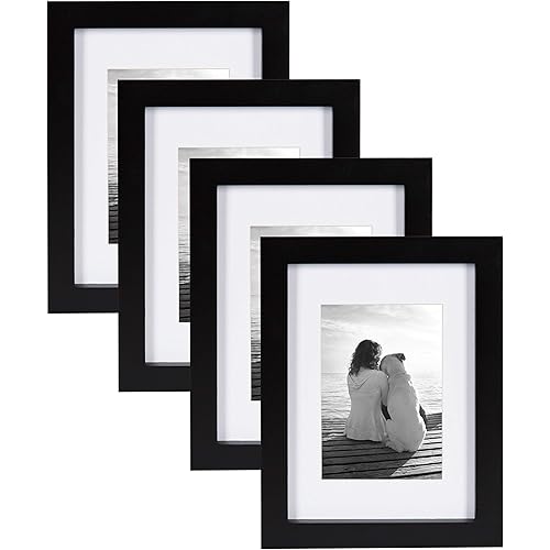 DesignOvation Gallery 5x7 matted to 3.5x5 Wood Picture Frame, Set of 4, Black, 4 Count