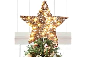 PEIDUO 40 LED Christmas Tree Topper, Rattan Star Tree Topper Christmas Tree Decorations for Indoor Rustic Natural Farmhouse D