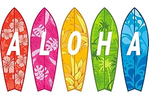 Kolldenn 5 Pcs 28" Tall Summer Aloha Surfboard Cut Outs Accents Set Paper Beach Signs Cutouts Wall Decor for Hawaii Tropical Pool Surf Party Bulletin Board Decorations