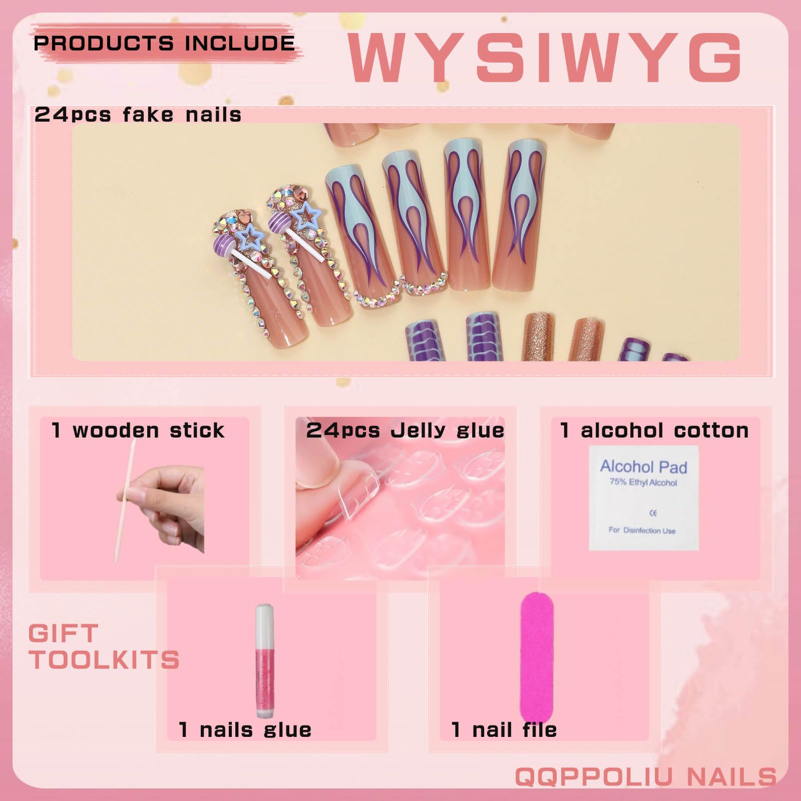 QQPPOLIU Press on Nails Long Square Purple Fake Nails with Design Full Cover Nails (Purple) - Image 2