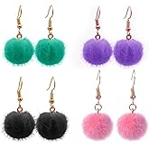 4 Pairs Cute Balls Colorfol Pom Pom Earrings for Women Fur Ball Earrings Lovely Pink Pom Pom Earrings Winter Halloween Christams Jewelry
