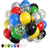 Red Yellow Blue Balloon, Multicolor Balloons with Black Red Blue Yellow Green Silver Balloons and Colorful Confetti Balloon for Birthday, Themed Party Supplies