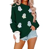 Halloween Sweatshirts Women Colorful Sequin Ghost Graphic Pullover Shirt | Halloween Witch Pumpkin Bat Graphic, 50% Cotton, soft, Comfortable, Halloween Party Outfits, Halloween Gifts Crewneck Sweater