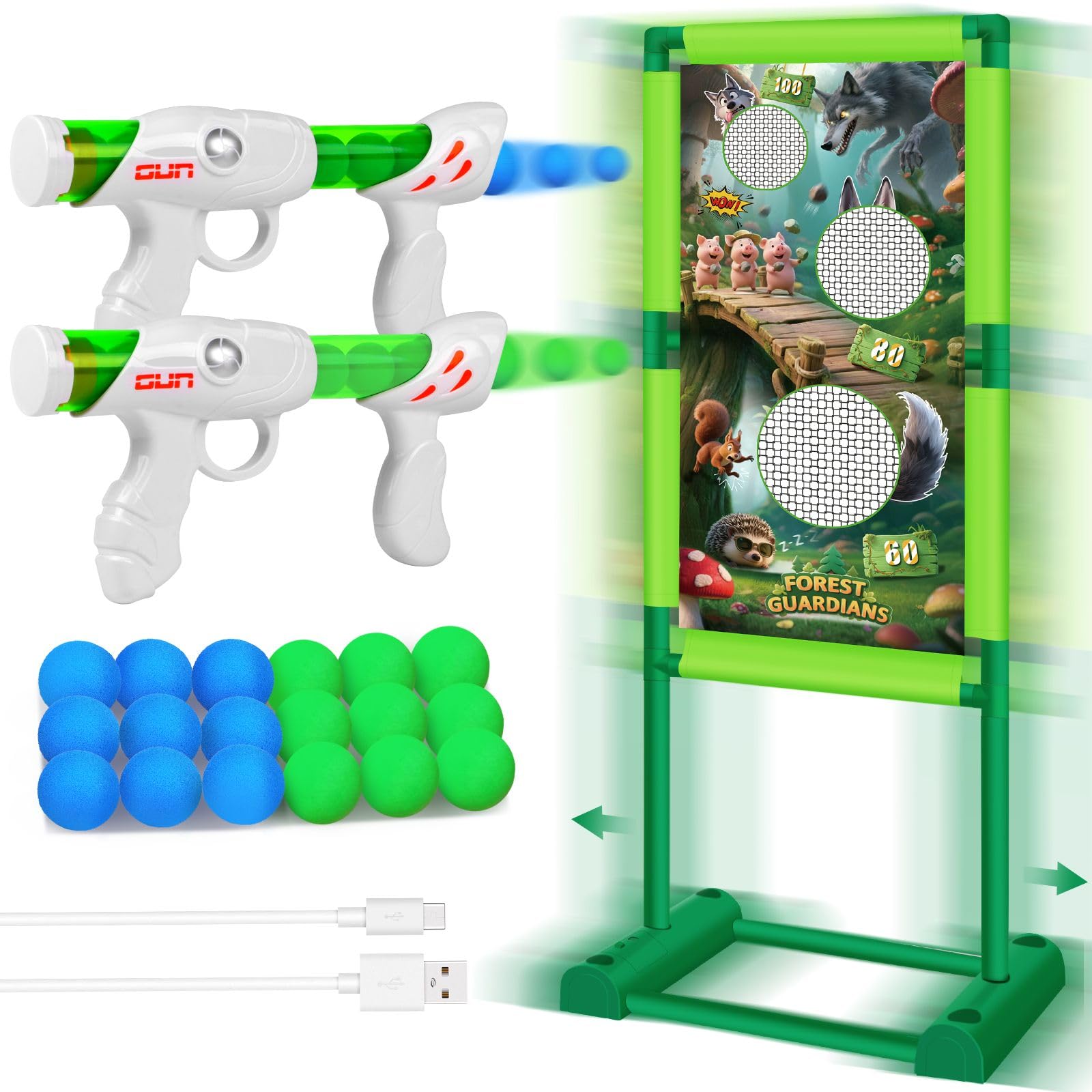 QCTOYS Moving Shooting Games for Kids Age 5 6 7 8 9 10 Shooting Toys with 2 Popper Guns 18 Foam Balls Birthday Stocking Fillers Boys Gifts Forest Moving Targets with Hooks