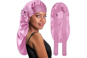 BONNET QUEEN Long Bonnet Silk Bonnet Braid Bonnet for Sleeping Satin Bonnet with Tie Band Sleep Cap for Women Curly Hair Braid Locs,Dark Rose Gold
