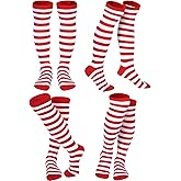 SATINIOR 4 Pair Red and White Striped Knee High Socks Tube Long Clown Socks Thigh High Stockings for Women Halloween(Medium)