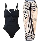 One Piece Swimsuit for Women with Cover Up Set Retro Bathing Suit Tummy Control Knot Swimwear Beach Wrap Skirt