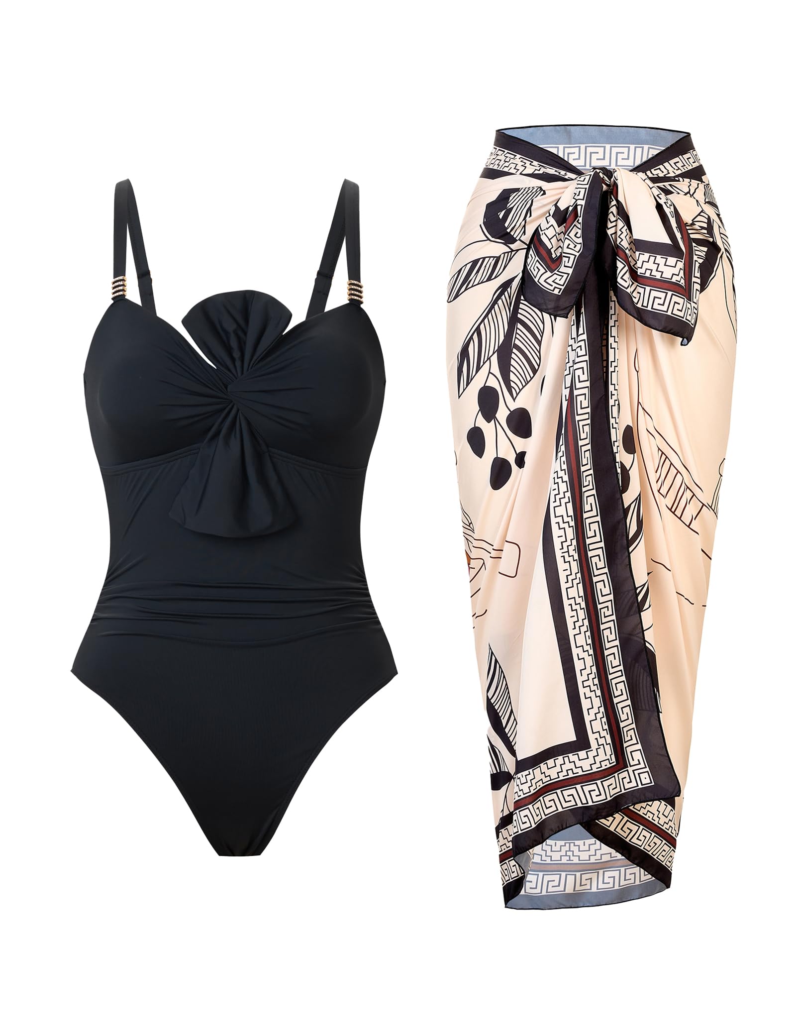 Photo 1 of One Piece Swimsuit for Women with Cover Up Set Retro Bathing Suit Tummy Control Knot Swimwear Beach Wrap Skirt Black